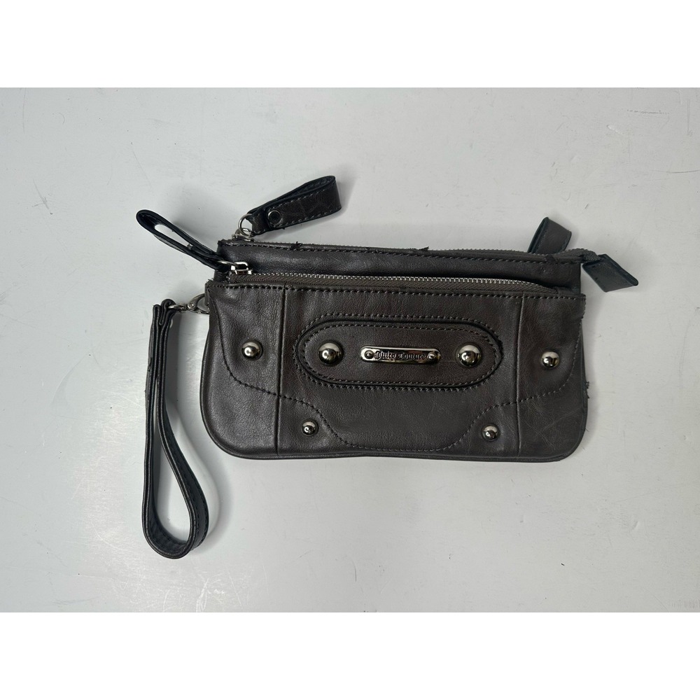 Juicy Couture Gray Faux Leather Zip Around Wristlet Wallet Studded Logo